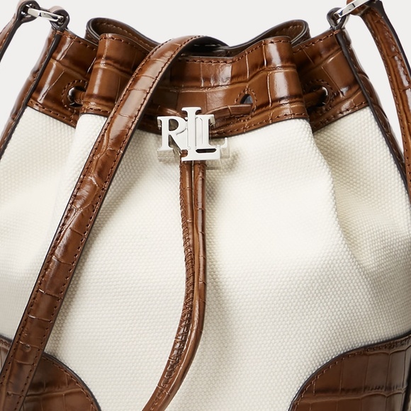 Ralph Lauren Canvas Medium Andie Drawstring Bag with crocodile-embossed leather. - Picture 1 of 8
